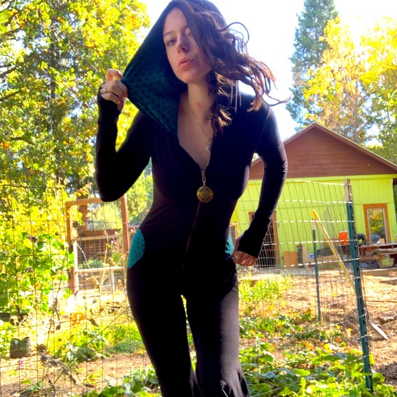 Pants - Black bell bottom with teal sacred geometry detail